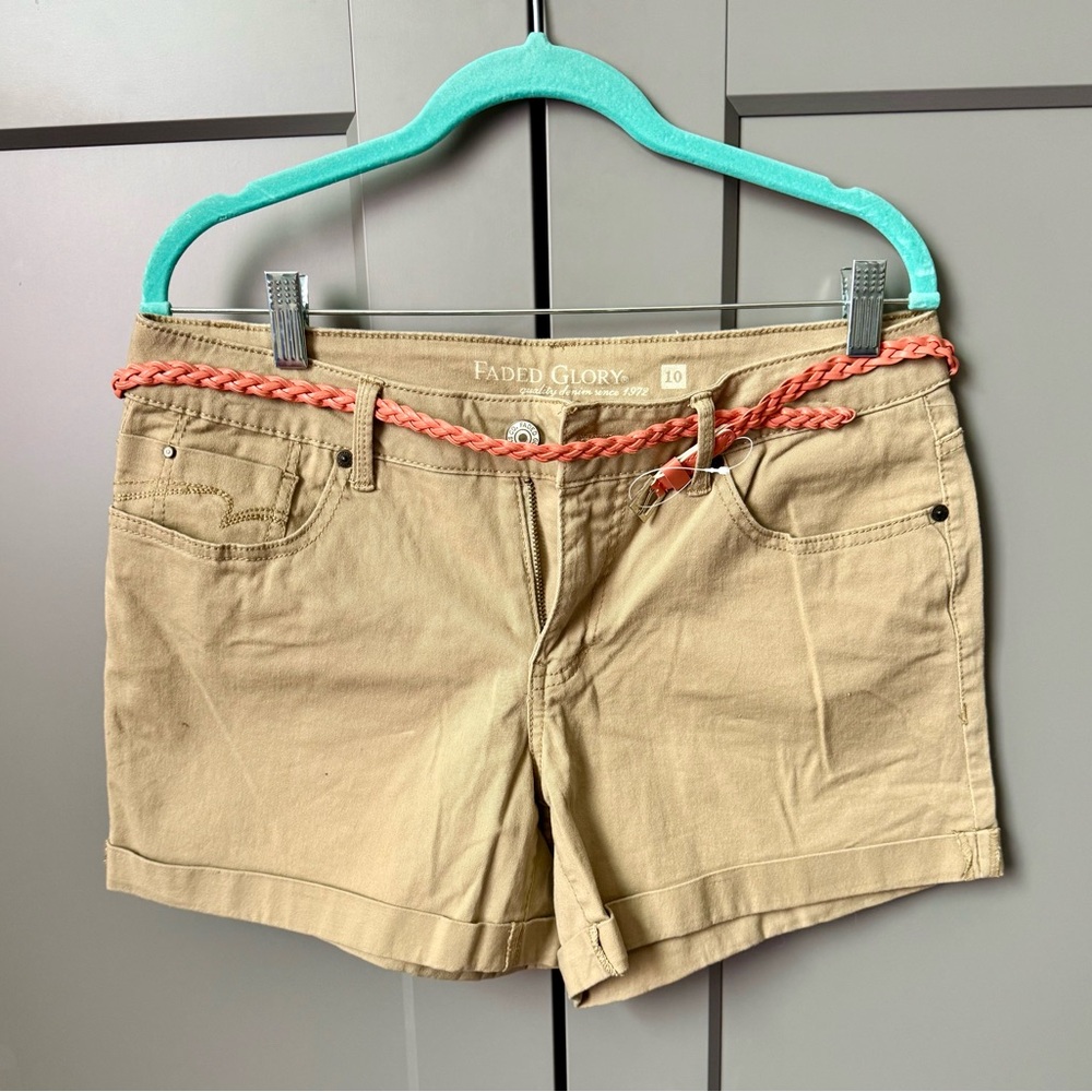 Faded Glory Women's Tan Shorts with Coral Belt